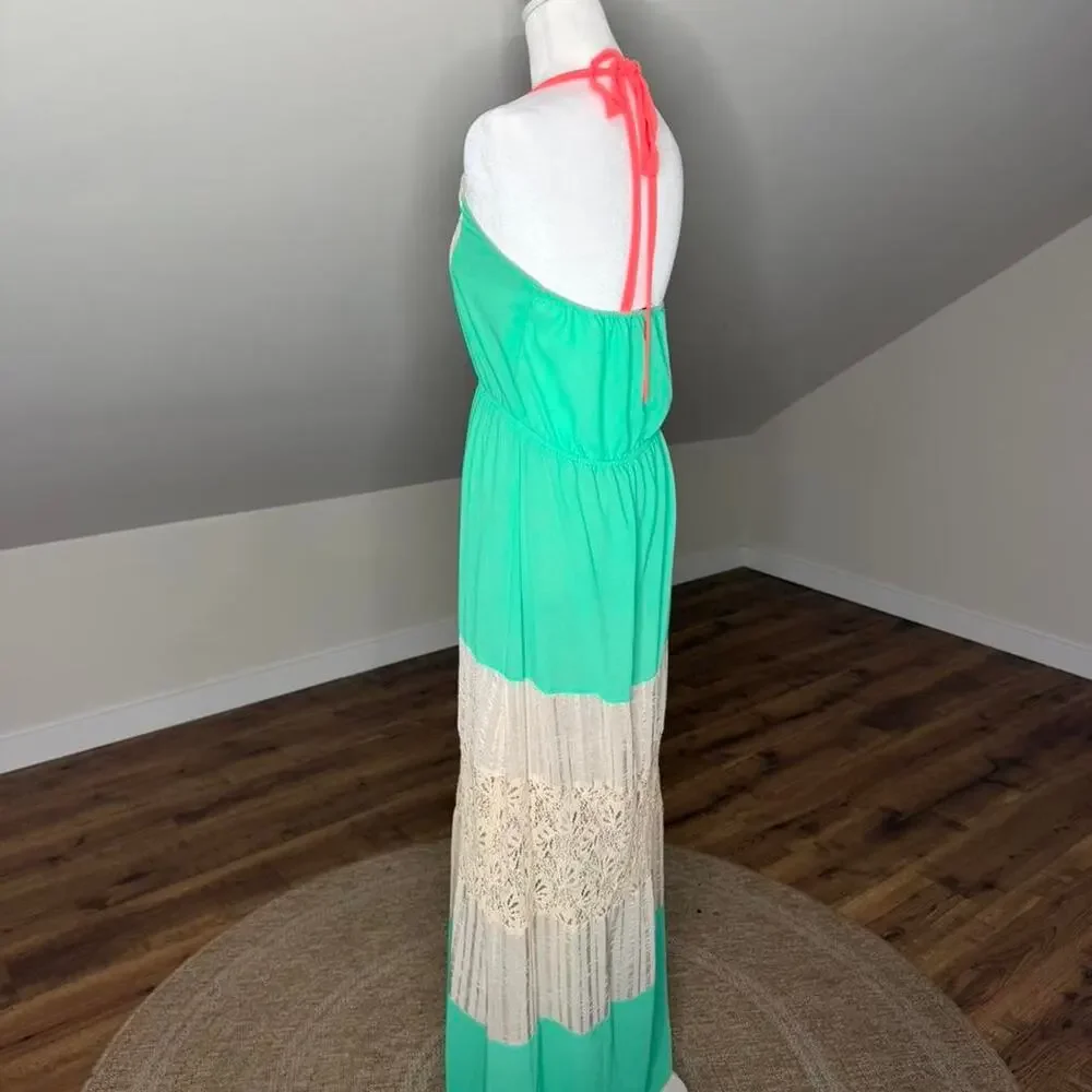 DejaVu Mint Green Lace Halter Maxi Dress Size M Boho Beachy Summer - Picture 5 of 7